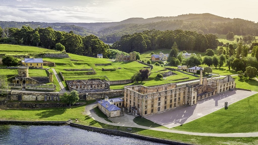 drone shot of port arthur tasmania